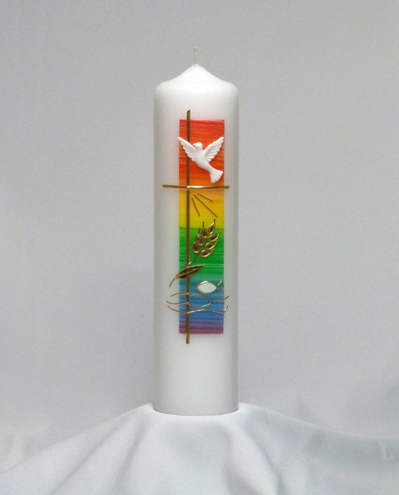 Taufkerze 25/7cm mit Regenbogen und Lebensbaum Taube Kerze Taufe Kreuz 