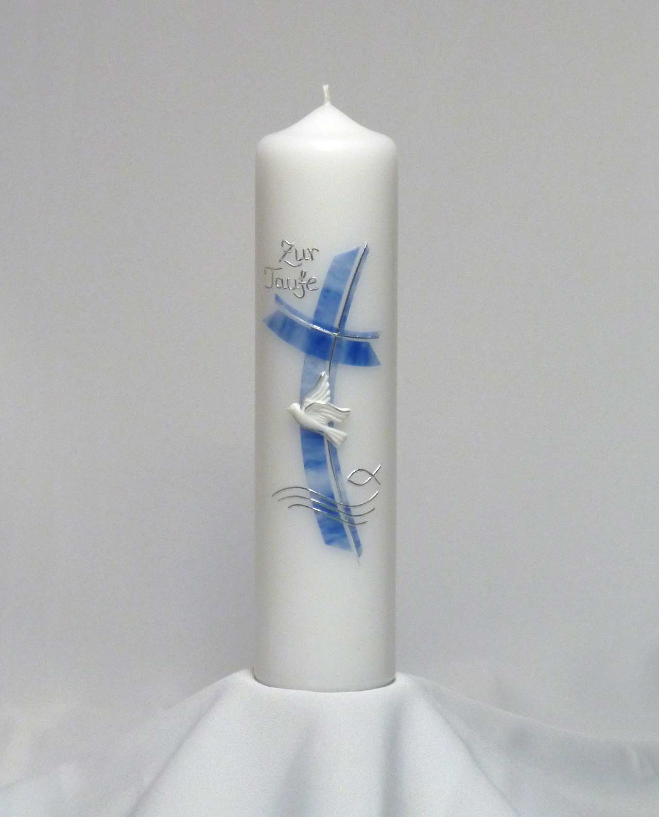 Taufkerze NICOLAI Blaue Welle Fische Kreuz Silber Junge Wachs Weiss 400x40mm 